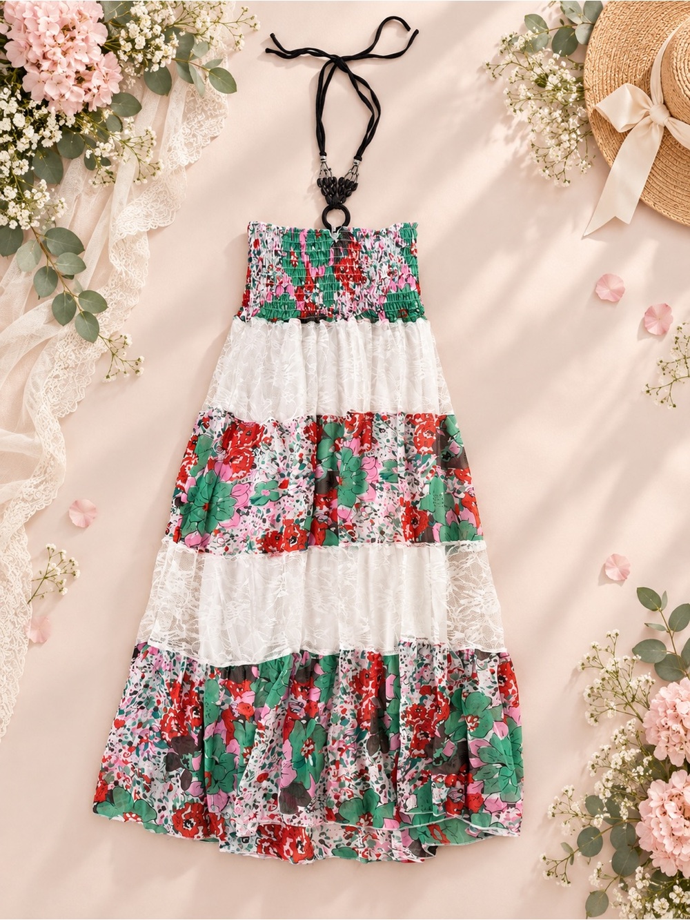NWT Women M Floral Tiered Halter Dress - White & Green Jewel Lace Summer